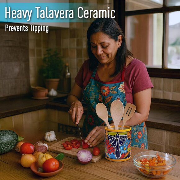 Medium Ceramic Utensil Holder Marigold Yellow Hand Painted Mexican Pottery Crock - Picture 6 of 9